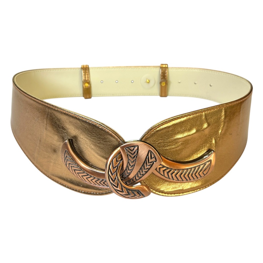 Vintage Metallic Gold Wide Cinch Belt Clasping Etched Interlocking Buckle Art - Picture 1 of 7